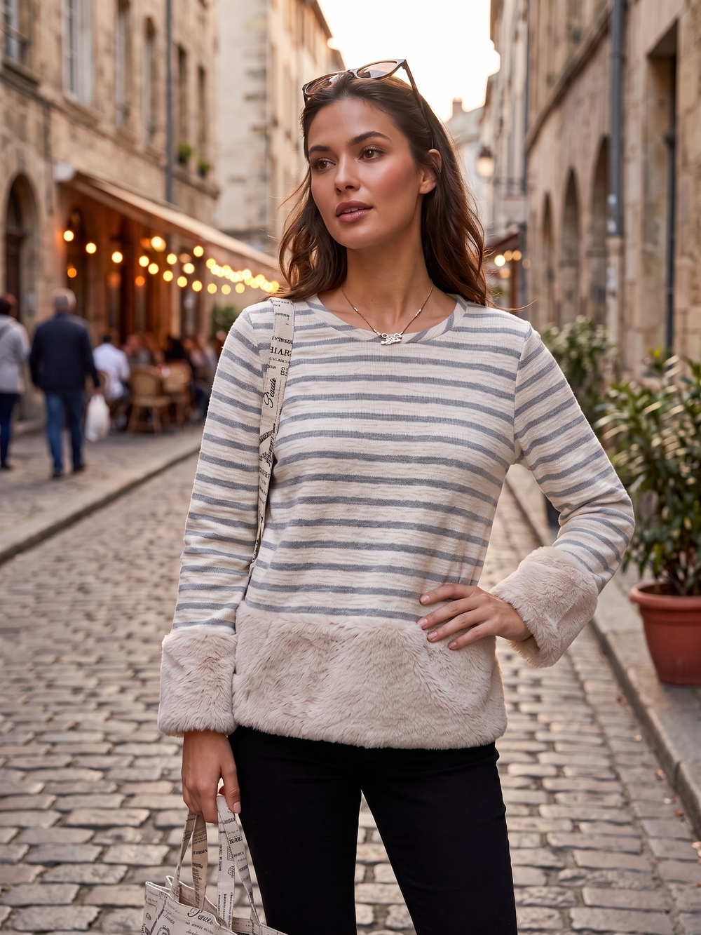 Maeve Anthropologie Astor Faux Fur Striped Pullover Sweater Med